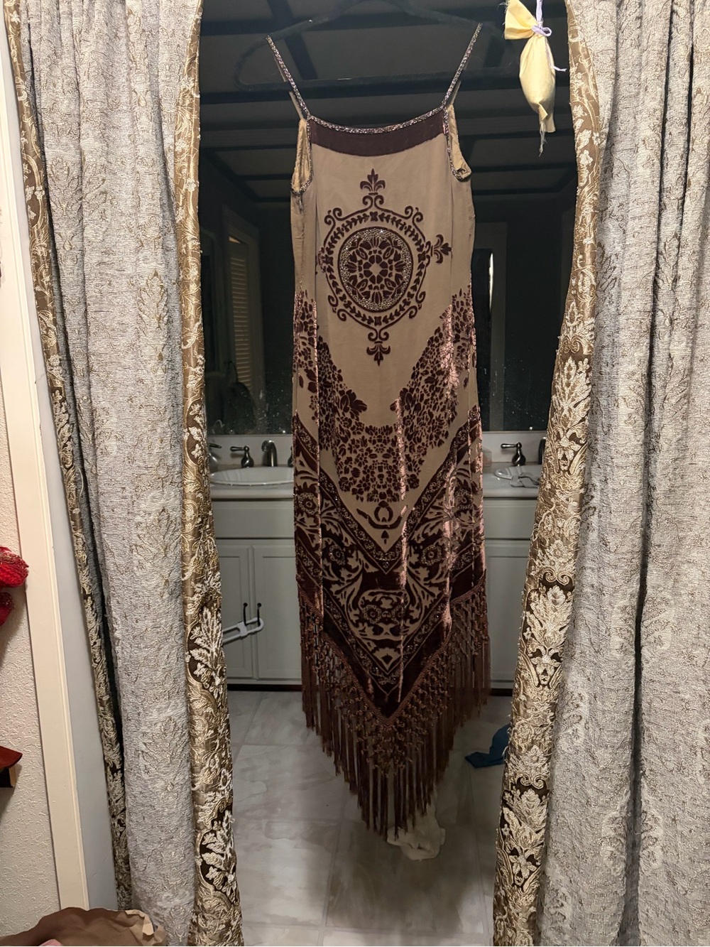 Sue Wong Beige Maxi Dress with Brown Velvet Motif and Fringe - Picture 2 of 3